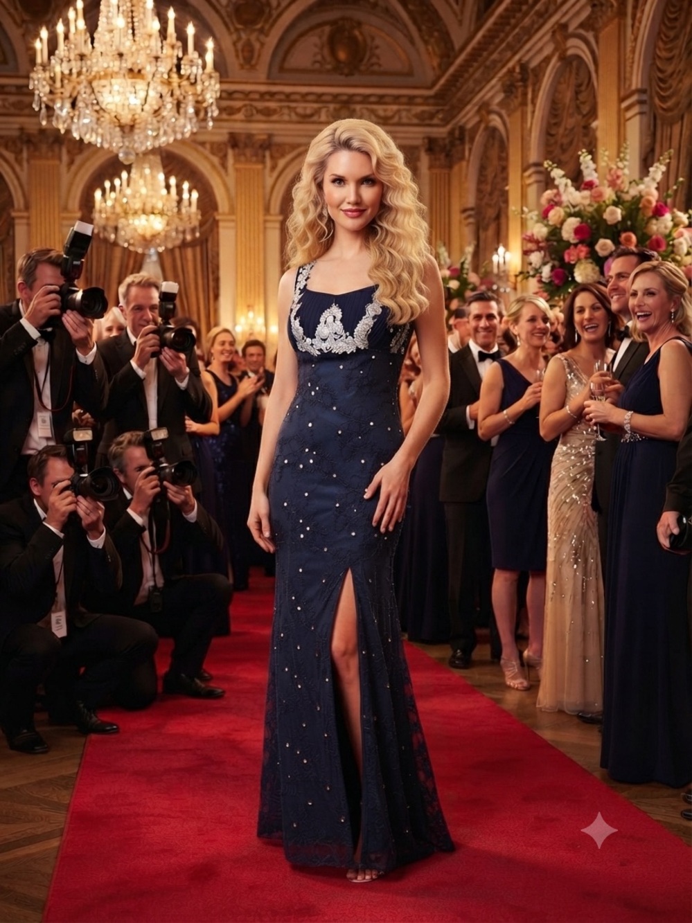 NWT Custom Size (appx 8) JJ’s House Dark Navy & Silver Lace Beaded Evening Gown